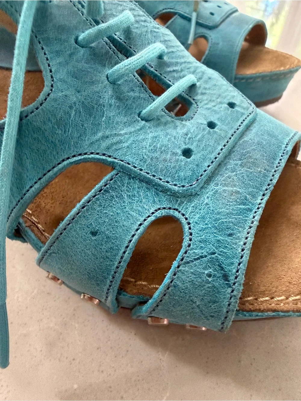 John Fluevog Joni Teal Blue Leather Wood Platform Lace Up Low Rule Sandals, 8